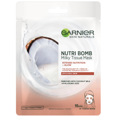 Garnier Nutribomb Masca servetel cu lapte de cocos si acid hialuronic pentru ten uscat si tern, 28 g