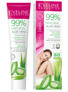 Eveline Crema depilatoare pentru pielea sensibila a bratelor, picioarelor, zona bikini cu 99% Aloe Vera naturala, 125 ml
