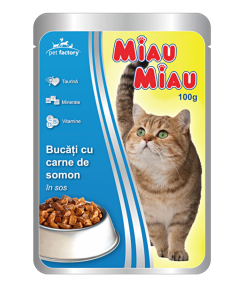 Miau-Miau Hrana umeda pentru pisici, Somon in sos, plic 100g
