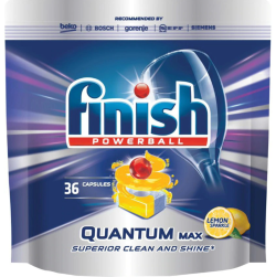Detergent vase pentru mașina de spălat Finish Quantum Max Lemon Sparkle 36 capsule